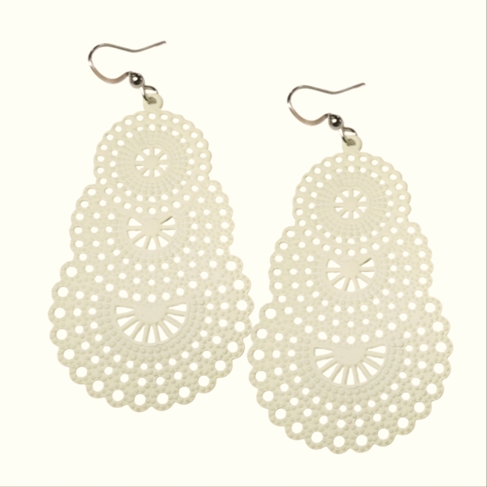 Off-white cream metal lace earrings